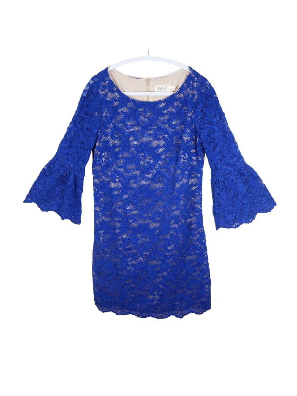 ELIZA J Lace Bell Sleeve Sheath Dress Size 8 Wedding Guest Brunch Cobalt Blue